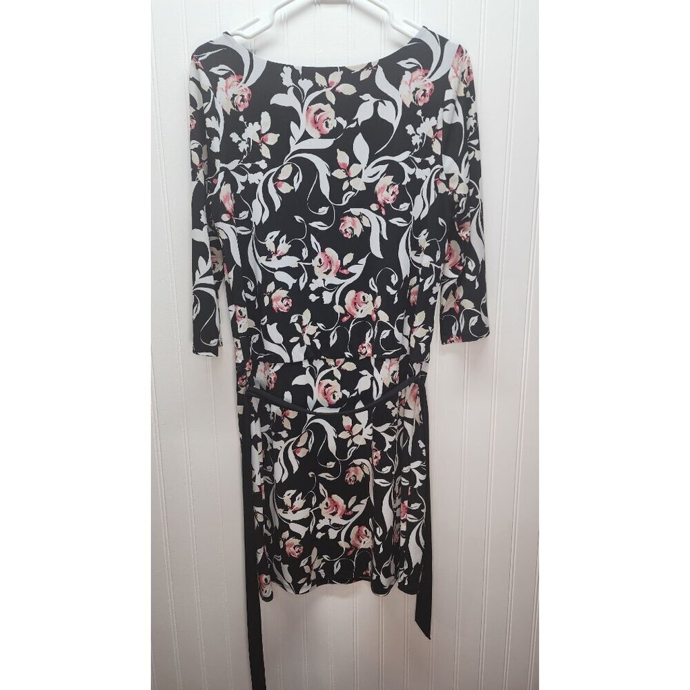 White House Black Market Floral Print Black & Pink 3/4 Sleeve Dress With Waist T - Picture 5 of 9